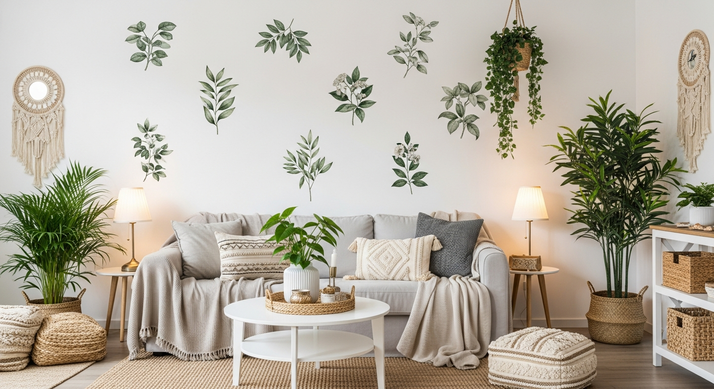 Intérieur élégant de gîte décoré avec stickers muraux et textiles chaleureux sans travaux